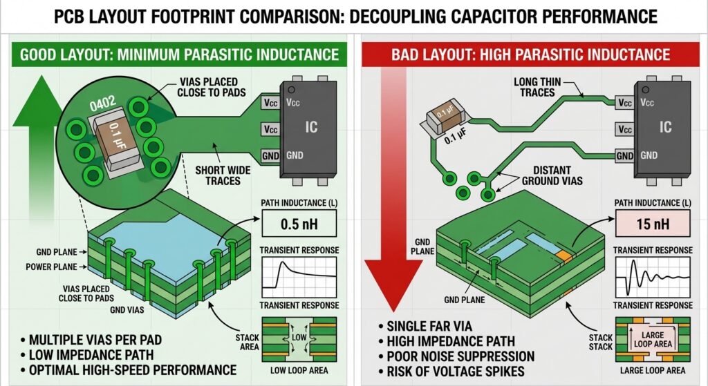 Recommended PCB layout for a 0402 decoupling capacitor with short ground via placement