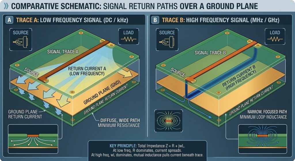 Diagram showing high-frequency signal return path following trace of minimum inductance versus low-frequency path of minimum resistance