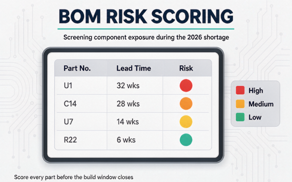 BOM risk scoring spreadsheet used to screen component exposure during the 2026 shortage