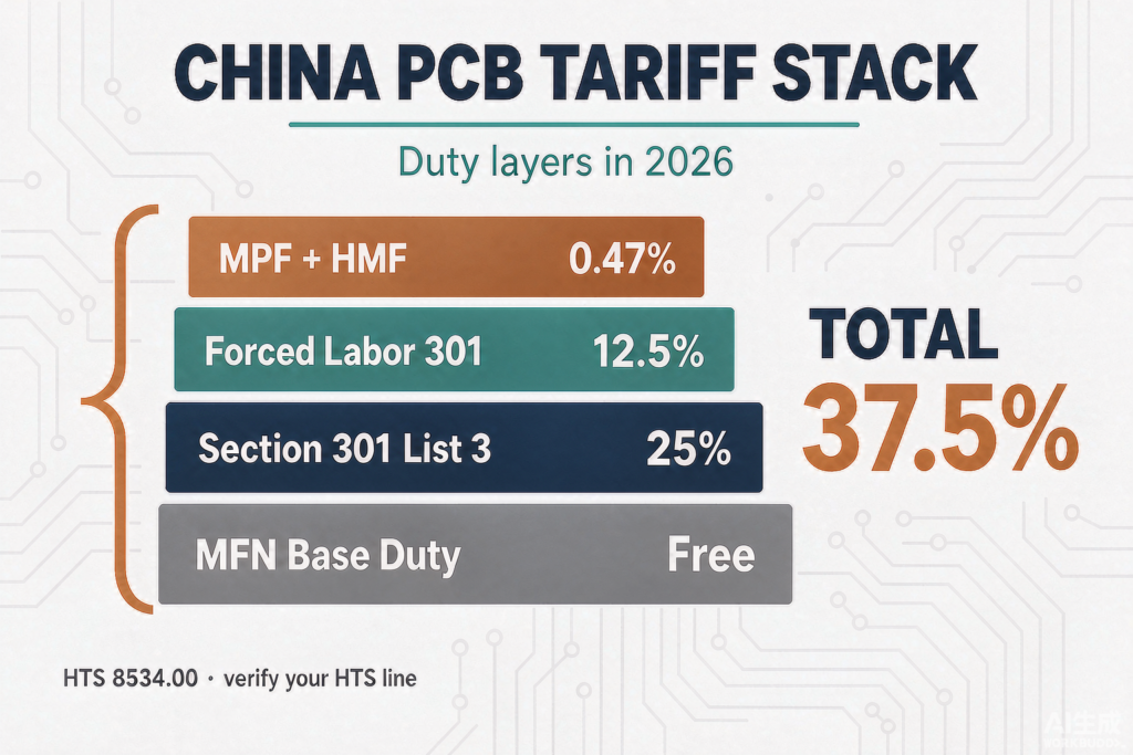 china pcb tariff stack 2026 duty layers