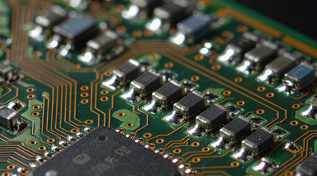 Extreme macro photograph of a green printed circuit board with precision soldered SMD components, perfect glossy solder fillets, gold ENIG pads, razor-sharp focus on the joints, dark neutral background, professional electronics product photography,
