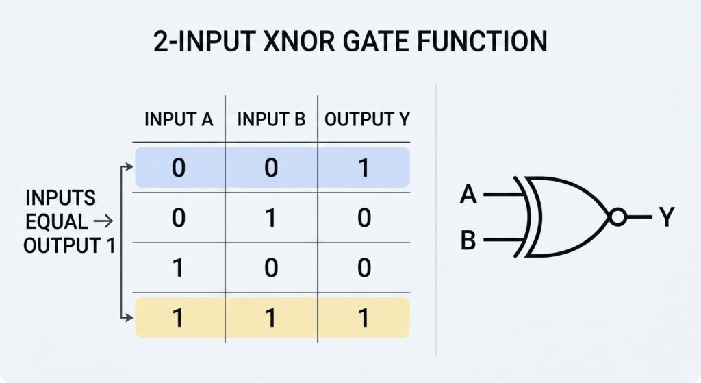 Clean visual rendering of the 2-input XNOR truth table alongside the standard XNOR logic symbol, with inputs A and B and output Y labeled. Highlight the two rows where output = 1 to emphasize the “inputs equal” pattern