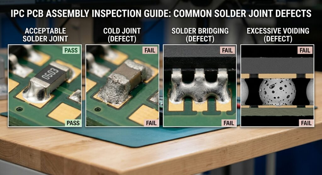Side-by-side visual example: one acceptable solder joint and three common defects (cold joint, bridging, excessive voiding) labeled with IPC pass/fail status.