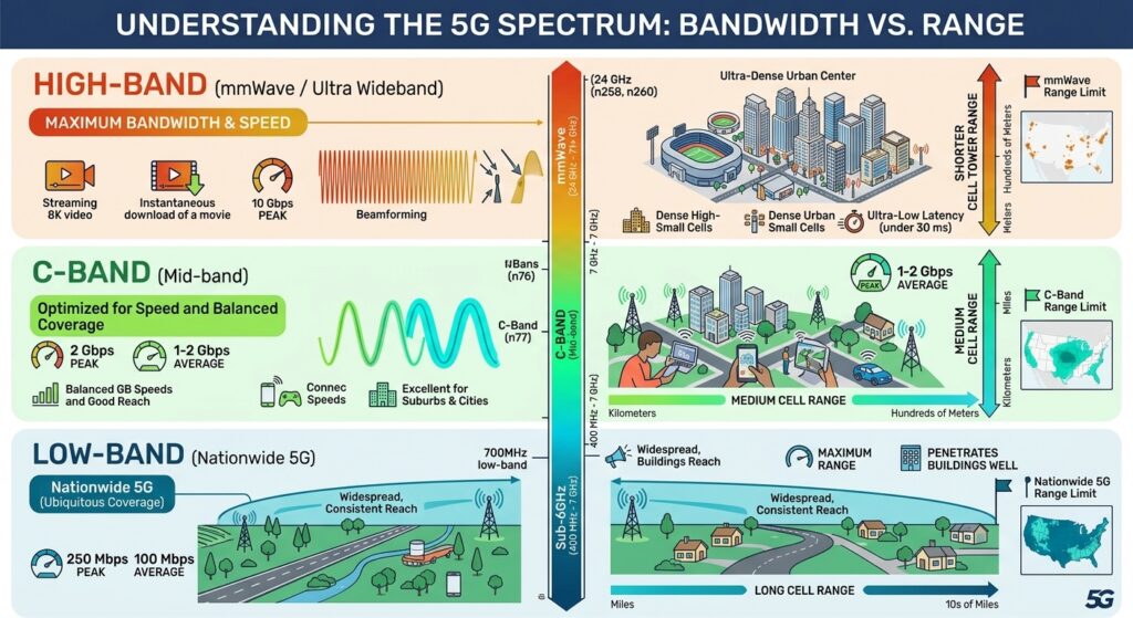 Diagram comparing low-band, mid-band C-band, and high-band millimeter wave 5G frequency spectrums