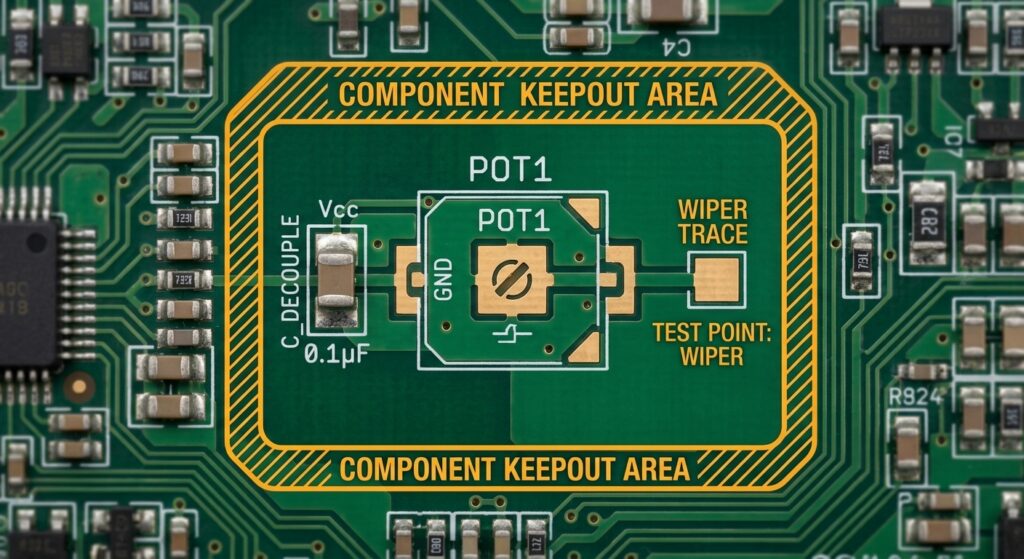 Close-up PCB layout view showing an SMD trim pot footprint with decoupling cap, test point on the wiper trace, and keepout area around the component.