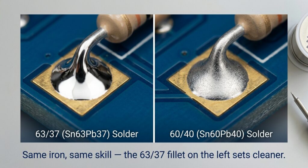 A macro photo comparing two soldered joints under the same lighting — one clean, shiny 63/37 fillet and one duller, slightly grainy 60/40 joint (a normal, *good* 60/40 joint, not a defective one). Caption: "Same iron, same skill — the 63/37 fillet on the left sets cleaner." Don't stage a bad joint; that misleads readers.