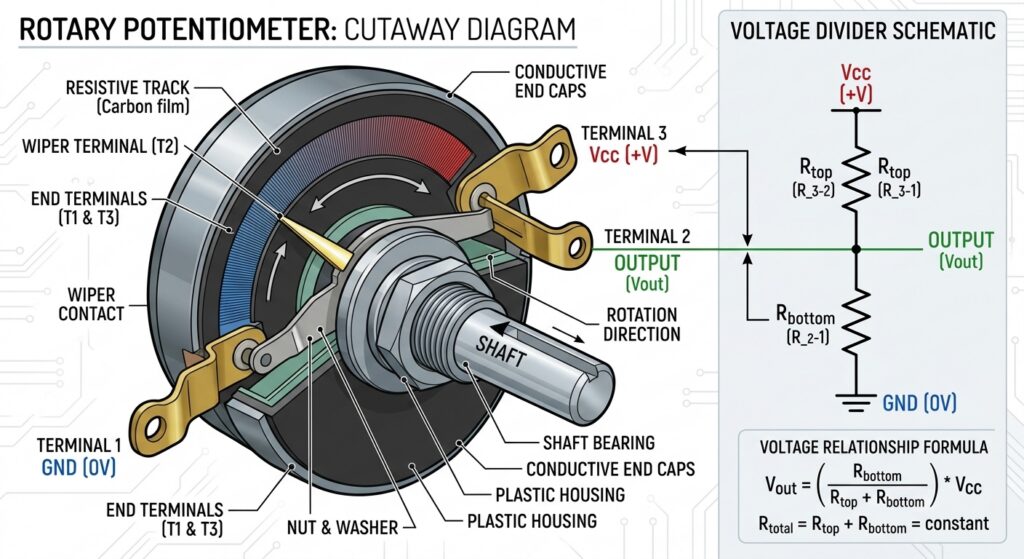 Cutaway diagram showing the internal structure of a rotary potentiometer: resistive track, end terminals 1 and 3, and movable wiper terminal 2. Overlay a simple voltage divider schematic next to it to show the Vcc/GND/Output relationship.
