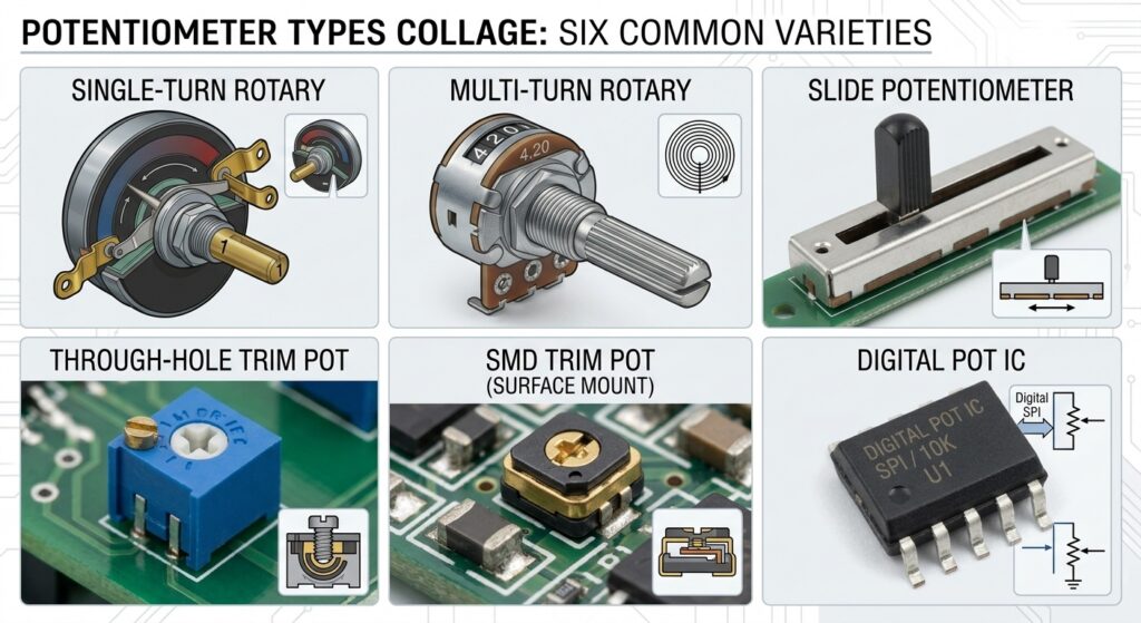 Photo collage showing six potentiometer types: single-turn rotary, multi-turn rotary, slide, through-hole trim pot, SMD trim pot, and digital pot IC. Label each clearly.