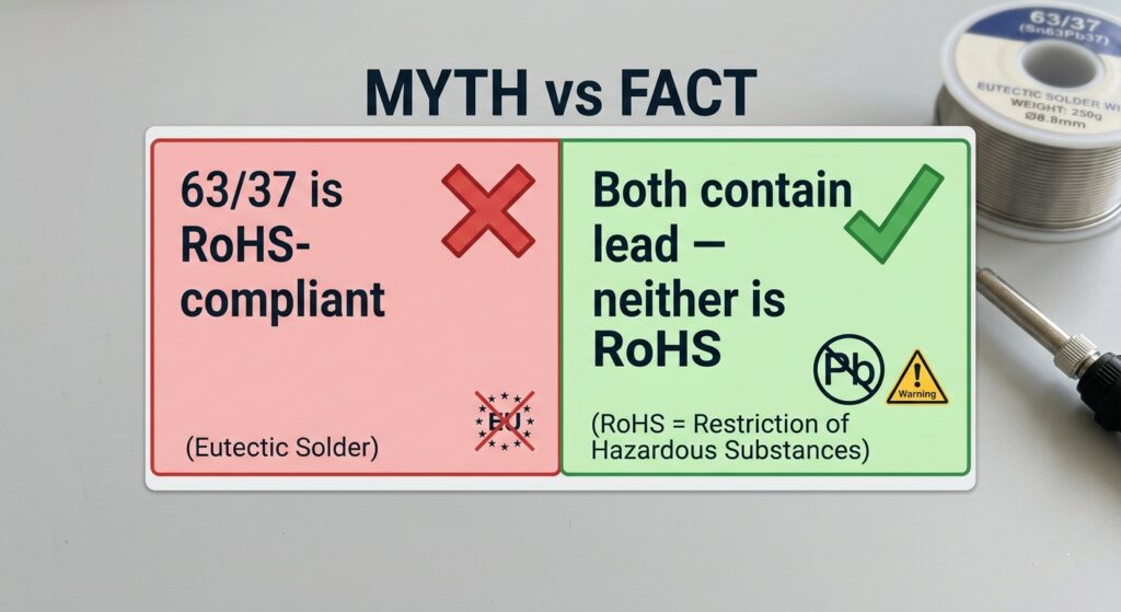 A small "myth vs fact" callout graphic — left: "63/37 is RoHS-compliant" with a red ✕; right: "Both contain lead — neither is RoHS" with a green ✓. Great for social sharing and for catching the eye mid-article.
