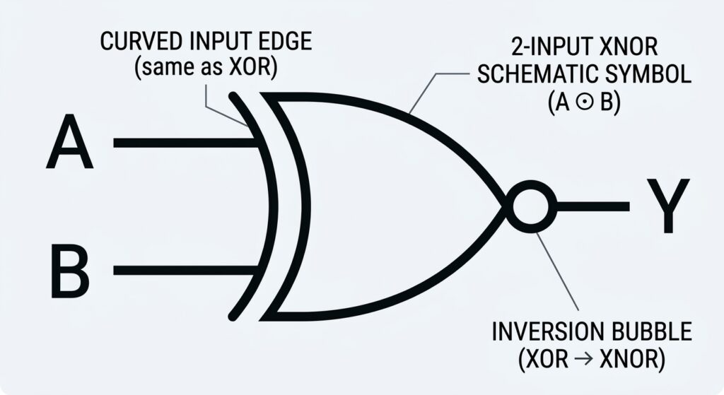 Large, clear rendering of the standard 2-input XNOR schematic symbol, with input pins A and B on the left and output pin Y on the right. Label the input curve and output bubble explicitly to show how it differs from XOR.