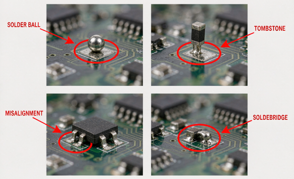 Technical illustration showing four common SMT soldering defects: a solder ball, a tombstoned chip resistor standing vertically on one end, a misaligned component with side overhang, and a solder bridge between two pins, clean vector engineering style, white background, red highlight markers, educational diagram