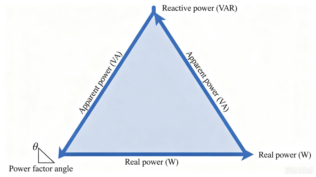 Standard power triangle diagram: apparent power (VA) as the hypotenuse, real power (W) and reactive power (VAR) as the two perpendicular sides, with power factor angle labeled.