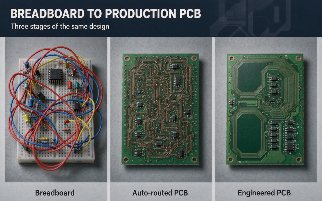 Breadboard, auto-routed PCB and engineered PCB compared side by side