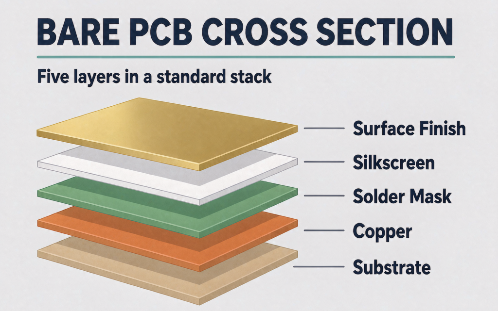 Cross section of a bare PCB showing substrate, copper, solder mask and silkscreen
