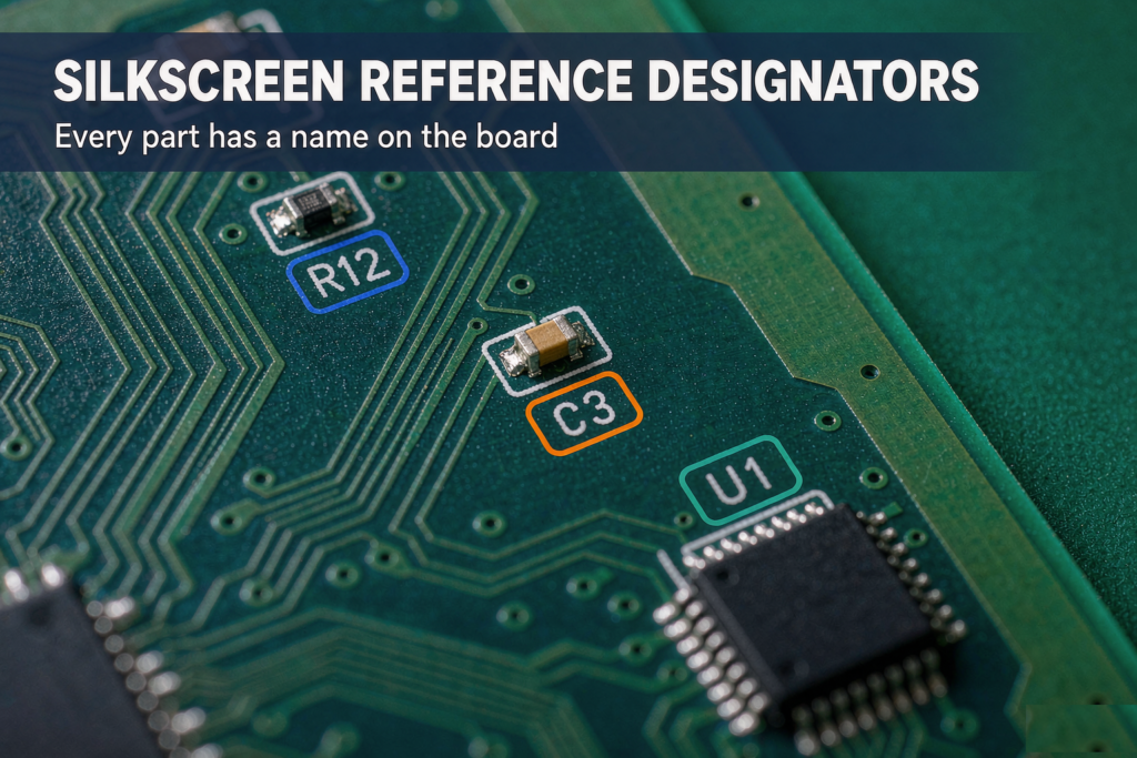 Silkscreen reference designators R12, C3 and U1 printed on a circuit board