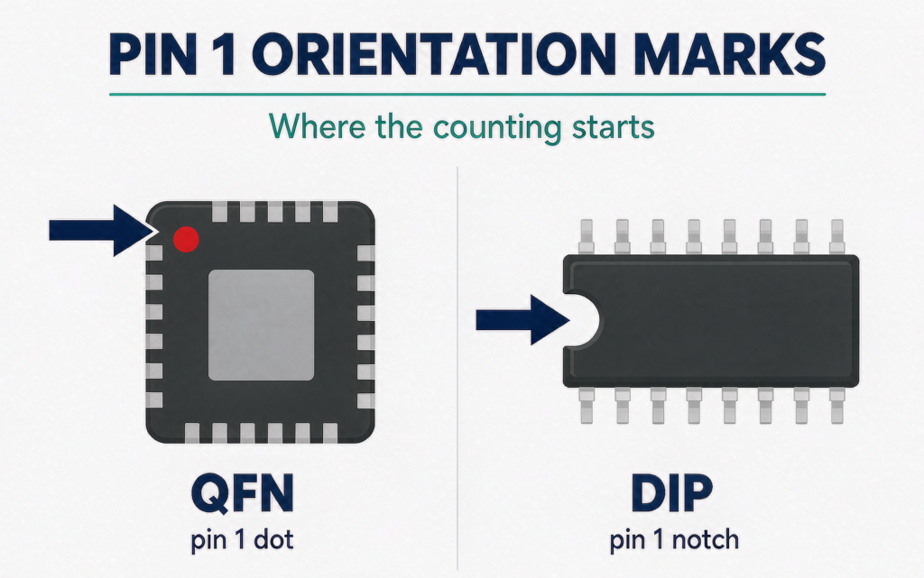 QFN pin 1 laser dot and DIP notch orientation marks
