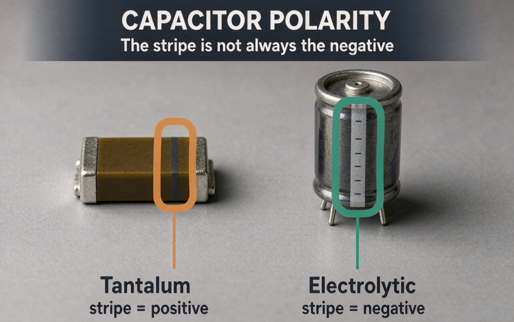 Tantalum and electrolytic capacitors compared, showing polarity stripe direction