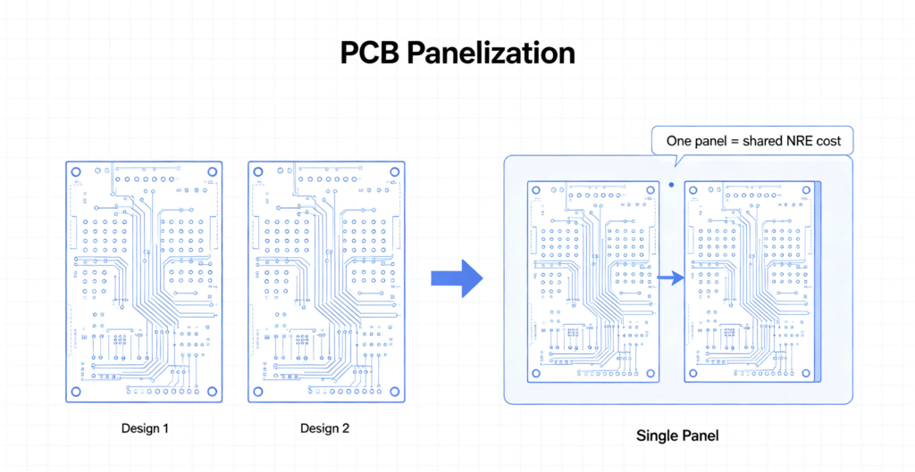 Simple diagram visualizing two individual PCB designs merged onto one production panel. Alt‑text: “PCB panelization combining two separate projects onto one panel to reduce NRE.