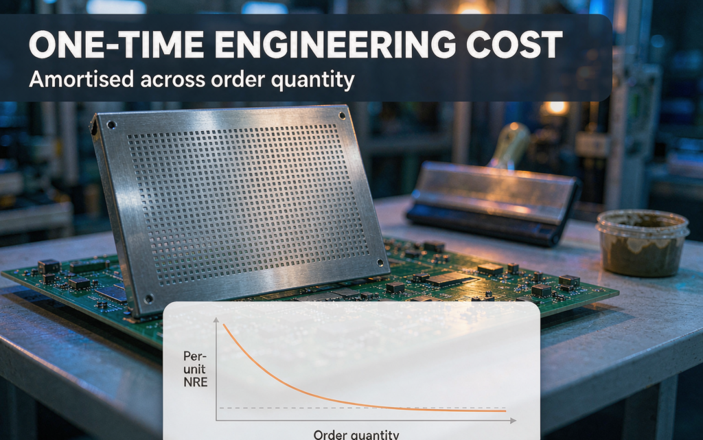 SMT solder stencil representing one-time engineering cost amortised across PCBA order quantity