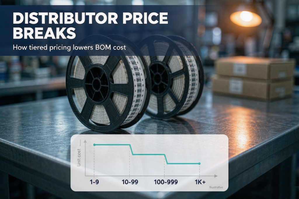 Component reels showing how distributor quantity price break tiers reduce PCBA BOM cost