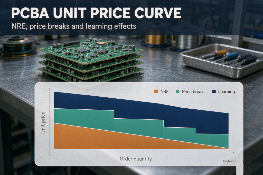 Stacked PCBA unit price curve showing NRE amortisation, component price breaks and learning effects by order quantity